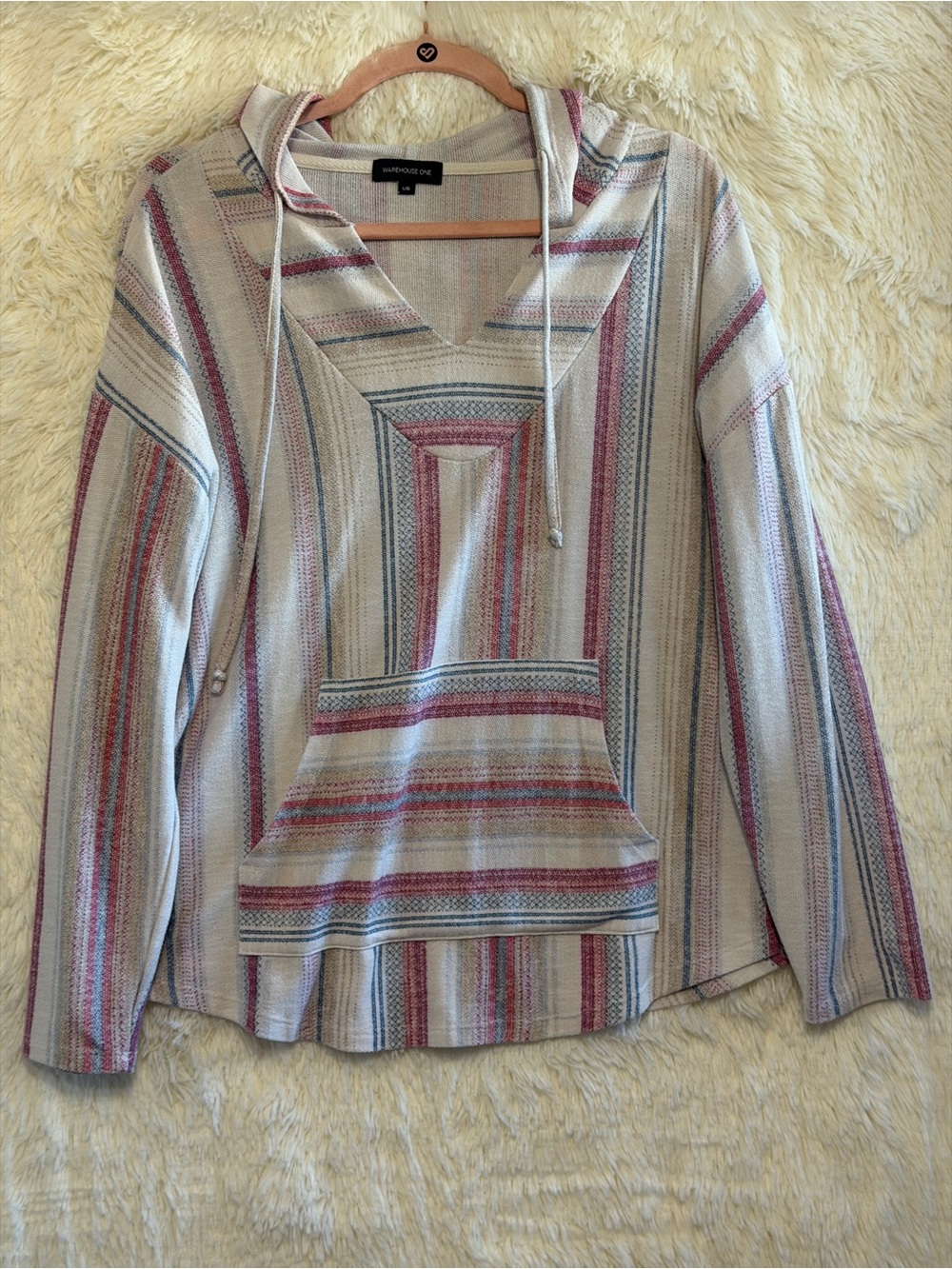 Warehouse One Womens Boho Striped Pullover Baja Hoodie Size L  Multi Coastal